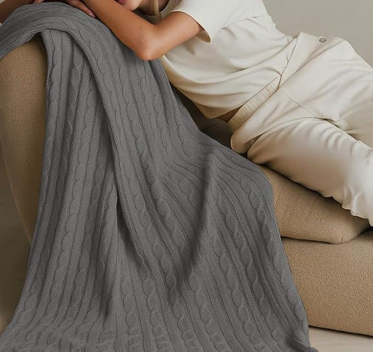 100% Cotton Cable-Knit Throw Blanket: 60" x 70", Ultra Soft, Breathable, All-Season Comfort & Versatility, Ideal for Couch, Bed, Travel and Gifting (Grey)