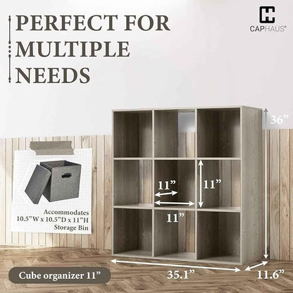 CAPHAUS Sturdy Room 11-Inch Cube Storage Organizer Shelf, with Thick Exterior Edge, Storage Shelf Divider w/Back, Bookcase, 9-Cube, Rustic Grey Oak
