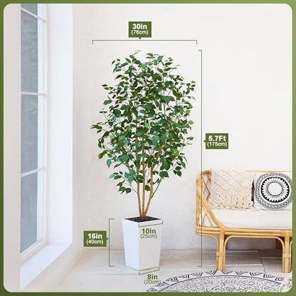 6ft Artificial Ficus Tree-Tall Faux Tree with Pebbles & Planter UV Resistant Potted Fake Plant with Silk Leaves & Real Wood Trunk-Indoor Outdoor Floor Plant for Home,Living Room,VN129