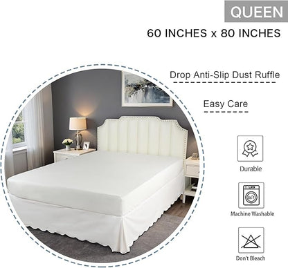 HIG Off-White Chic Queen Bed Skirt - Easy Fit Scallop Edge Pleated Bedskirts, 14 Inch Drop Anti-Slip Dust Ruffle, Thick Fabric for Enhanced Privacy, Pre-Washed for Long-Lasting Use(N60022)