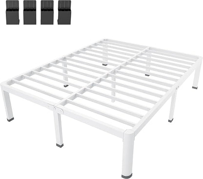 MAF 18 Inch Queen Size Bed Frame White with Round Corner Legs Mattress Slide Stopper No Box Spring Needed Heavy Duty Metal Platform Bed Frames Under-Bed Storage Space, 3000 LBS Steel Slats Support
