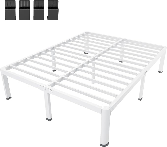MAF 16 Inch Queen Size Bed Frame White with Round Corner Legs Mattress Slide Stopper No Box Spring Needed Heavy Duty Metal Platform Bed Frames Under-Bed Storage Space, 3000 LBS Steel Slats Support