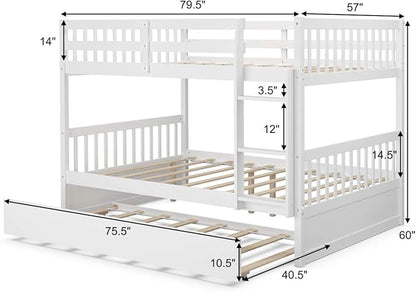 KOMFOTT Wood Full Over Full Bunk Bed with Trundle, Full Bed Frame with Ladder, Solid Wood Frame & Safety Guardrails, Space-Saving Bunk Bed for Teens & Adults, No Box Spring Needed