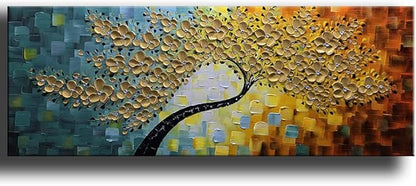 YaSheng Art -100% Hand Painted 3D Golden Flowers Contemporary Art Oil Painting On Canvas Texture Palette Knife Tree Paintings Home Dining Room Living Room Wall Decor Large Abstract Canvas Art Paintings 24x60inch