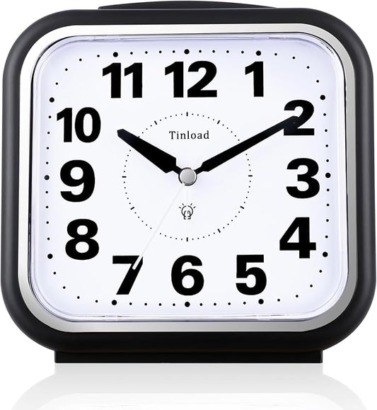 5.5" Large No Ticking Analog Alarm Clock,Silent Readable for Seniors,Easy to Set,Gradual Rise Alarm,Big Numbers,Gentle Wake,Snooze, Lighted on Demand,Battery Operated,Black