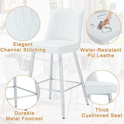 Bar Stools Set of 2, Counter Height Bar Stools with Back and Footrest,27" Barstools with Faux Leather Seat and Black Metal Legs,Counter Stools for Kitchen Island,Pub,White Barstools