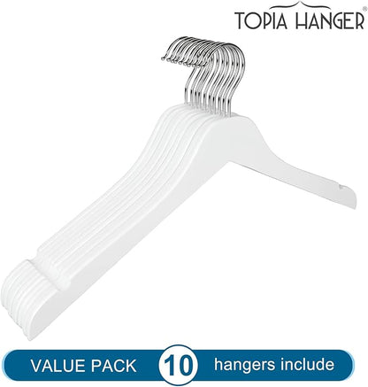 TOPIA HANGER White Wooden Hangers 10 Pack, 0.28 inch Slim Wood Clothes Hanger with Flat Design and Smooth Notches, Lightweight&Durable Space Saving Hangers for Shirt, Coat, Camisole-CT29W