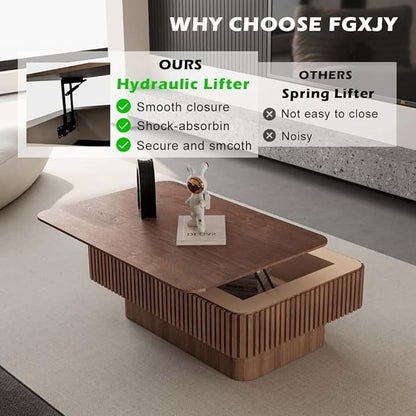 Lift Coffee Table with Storage & Adjustable Height, Solid Wood Coffee Table Fluted Center Table Accent Tea Table or Living Room, Apartment, Office (38.6" Walnut)