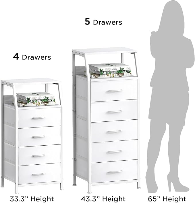 Dresser with 4 Drawers, Fabric Storage Tower for Bedroom, White Clothes Storage Drawers, Vertical Closet Organizer for Kids Room, Entryway, Nightstand Bedside Table, Sturdy Steel Frame & Wooden Top