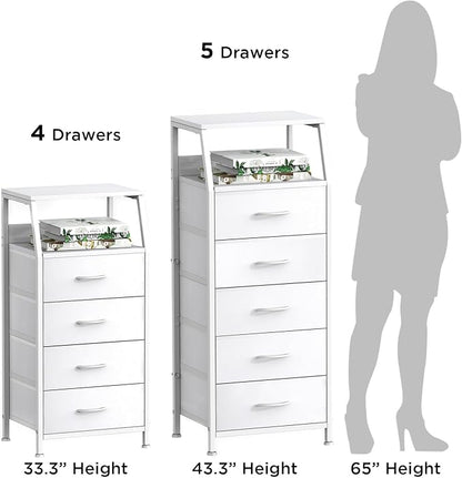 Dresser with 4 Drawers, Fabric Storage Tower for Bedroom, White Clothes Storage Drawers, Vertical Closet Organizer for Kids Room, Entryway, Nightstand Bedside Table, Sturdy Steel Frame & Wooden Top