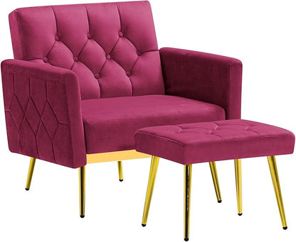 Velvet Accent Chair w/Adjustable Armrests and Backrests, Tufted Single Sofa with Ottoman, Upholstered Reading Chiar for Living Room, Apartment, Bedroom, Fuchsia