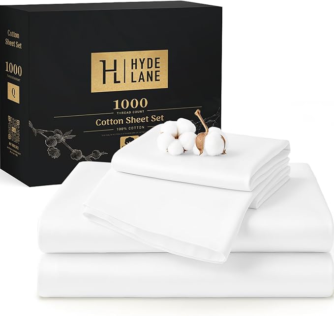 Hyde Lane Luxury 1000 Thread Count 100% Cotton Sheets | Very Soft & Thick - Fits Upto 20" Mattress | Sateen Weave Bed Sheets 18" Deep Pocket- 4 PC Sheet Set (Natural White, Queen)