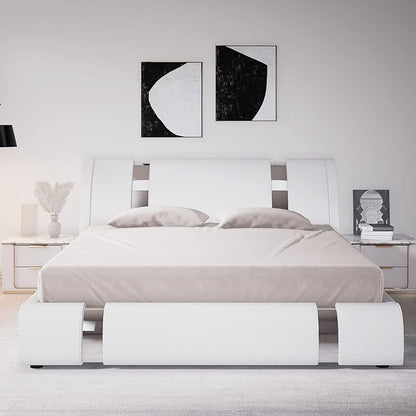 Allewie Queen Size Platform Bed Frame with Iron Piece Decor, Faux Leather Upholstered Bed with Curved Adjustable Headboard, Wooden Slats Support, No Box Spring Needed, Modern Style, White