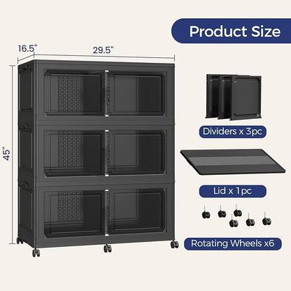 480 QT Extra Large Stackable Storage Bins with Lid, 120 Gal Collapsible Storage Box with Wheels, Folding Closet Organizers and Storage Cabinet with Doors for Home, Kitchen, Office, 3Pack Black