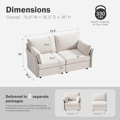 ABCASA Oversized Loveseat Sofa, Modern Modular Sectional Couch White Fluffy Chenille Mid Century 2-Seat 24.5" Deep Seat for Apartment, Living Room, Bedroom