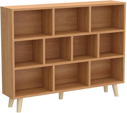 IOTXY Wooden Open Shelf Bookcase - 3-Tier Floor Standing Display Cabinet Rack with Legs, 10 Cubes Bookshelf, Pear Yellow
