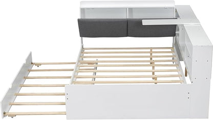 Ball & Cast Full Size Wooden Storage Daybed Frame, Modern Platform Bed with Trundle & Flip Headboard & Shelves, L Shaped Full Floor-Bed w/Upholstered Headboard&Storage, No Box Spring Needed, White