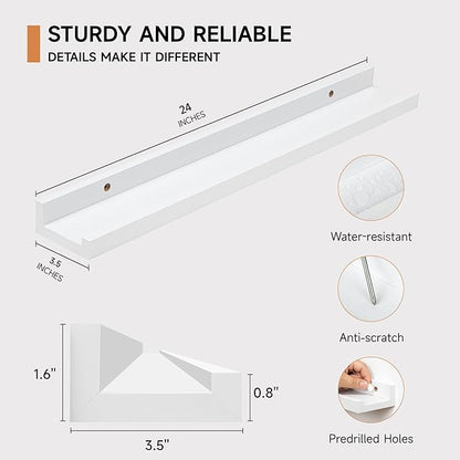 Fun Memories Picture Ledge Shelf for Wall, Floating Shelves Set of 4, 24 Inch Long Nursery Book Shelves for Toys Storage, Kids Bookshelf Wall Mounted for Books Photo Frames, White