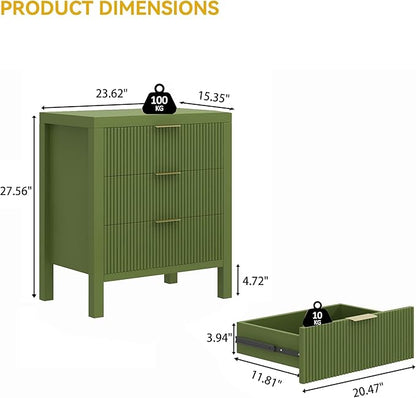 End Table with Storage, Wooden Farmhouse Nightstands with 3 Drawers, Bedside Table - Boho Tall Side Table Accent for Bedroom, Living Room, Green