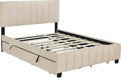 Queen Bed Frame with Trundle Bed,Velvet Upholstered Platform Bed Frame with Storage Drawers,Queen Size Trundle Bed with Headboard for Kids Teens Adults,Beige