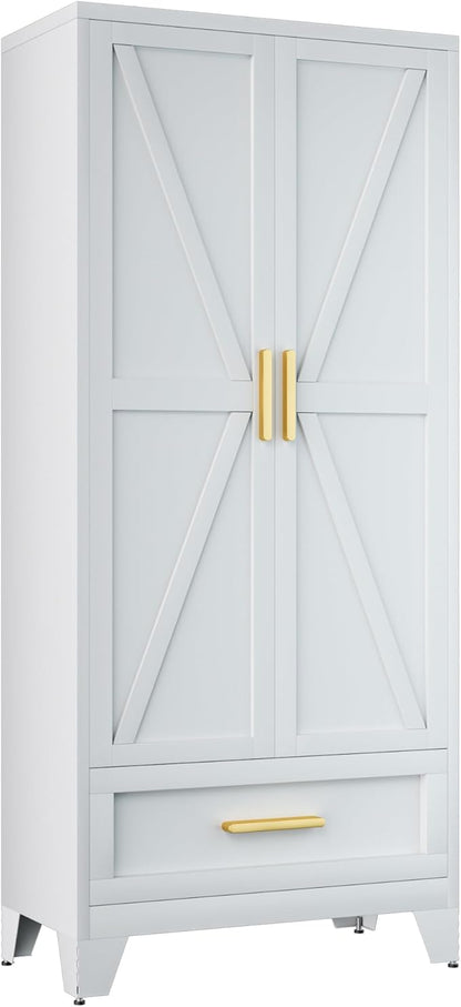 COFaR 71 Farmhouse Metal Wardrobe Closet with Hanging Rod, 2 Barn Doors, Adjustable Shelves, Steel Armoire with Drawer for Home, Bedroom White