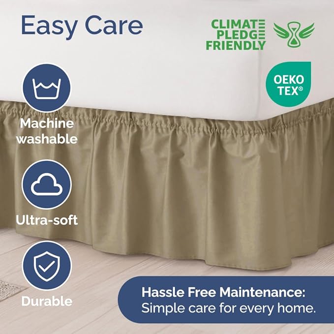 Wrap Around Dust Ruffle Bed Skirt - Khaki - for King Size Beds w/ 15 Inch Drop - Easy Fit Elastic Strap - Adjustable Pleated Bedskirt w/Brushed Fabric - Wrinkle Free - for Women, Men, Kids & Teens