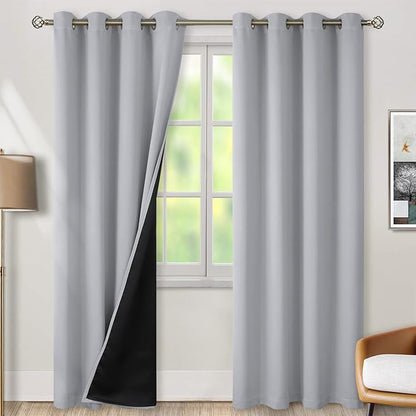 BGment Thermal Insulated 100% Blackout Curtains for Bedroom with Black Liner, Double Layer Full Room Darkening Noise Reducing Grommet Curtain (46 x 90 Inch, Light Grey, 2 Panels)