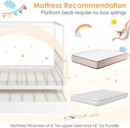 Giantex Canopy Bed with Trundle, Full Size Kids Solid Wood Platform Bed Frame w/Headboard Wooden Twin Trundle Bed for Boys Girls, No Box Spring Needed (White)