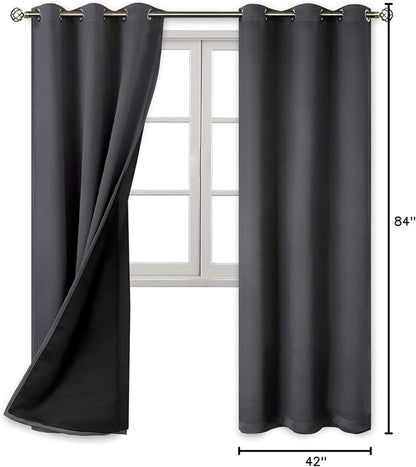 BGment Thermal Insulated 100% Blackout Curtains for Bedroom with Black Liner, Double Layer Full Room Darkening Noise Reducing Grommet Curtain (42 x 84 Inch, Dark Grey, 2 Panels)