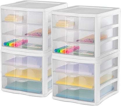 Sterilite 4-Pack 3 Drawer Unit, Plastic Desktop Organizer with Clear Drawers, White Frame - Stackable Multi-Purpose Storage for Office Supplies, Craft Rooms, Classrooms and Home Organization