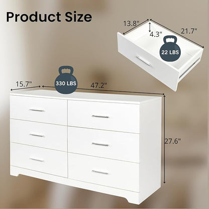 Karl home 6 Drawer Dresser, Wood White Vanity Drawer Cabinet, Bedroom Storage Cabinet TV Stand, Large Dresser Storage Chest with Deep Drawers, Bedroom Furniture