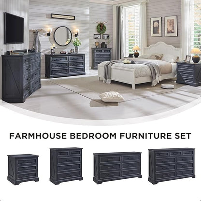 JXQTLINGMU Farmhouse 6 Drawers Dresser for Bedroom, 52'' Wide Large Wood Dressers with Bar Handles, Chests of Drawers with Storage Dressers Organizer for Bedroom, Hallway, Black