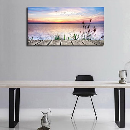 Canvas Wall Art Lake Dock Sunset Scenery Flying Birds Picture Large Beach Sunset Landscape Canvas Artwork Contemporary Nature Pictures for Living Room Bedroom Home Office Kitchen Wall Decor 20" x 40"