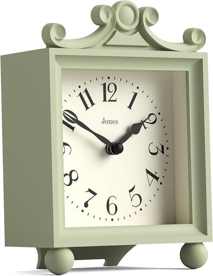 JONES CLOCKS® Parlour Mantel Clock | Classic Carriage Clock | Sage Green | Elegant Square Decorative case, Perfect for Mantel, Shelf, Table or Bedside