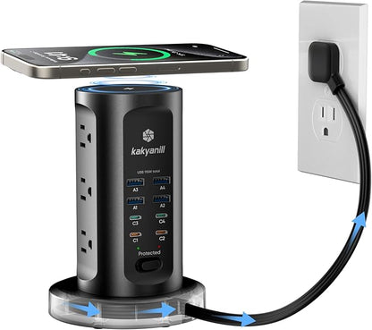 115W USB Charging Station, Surge Protector Power Strip Tower, 9 AC Outlets with 8 USB Ports(4 USB-C), 6Ft Flat Plug Retractable Extension Cord, for Home Office Dorm, Black