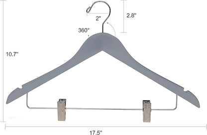 Quality Wooden Skirt Hangers with Clips, 20-Pack Smooth Solid Wood Pants Hangers with Durable Adjustable Metal Clips, Swivel Hook, Coat, Jacket, Blouse Suit Hangers (Gray, 20)