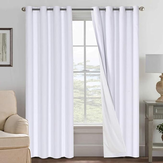 H.VERSAILTEX Linen Curtains 100% Blackout Curtains for Bedroom 90 inch Long Full Light Blocking Nature Linen Blended Window Curtains for Living Room Nickel Grommet (2 Panels, Bright White)