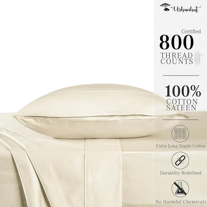 URBANHUT 800 Thread Count 100% Cotton Twin Size Sheets, Luxury 4 Piece Twin Bedsheets, Hotel Sheets Sateen Finish - Better Than Egyptian, 14" Elasticized Deep Pocket - Ivory