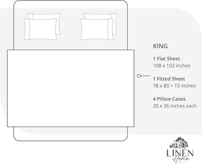 Linen Home 100% Cotton Percale Sheet Set, King Size, White, Deep Pocket, 6 Pieces Set - 1 Flat, 1 Deep Pocket Fitted Sheet and 4 Pillowcases, Crisp Cool and Strong Bed Linen