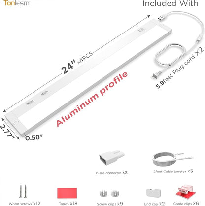 24 Inch Under Cabinet Lighting Plug in, 14W 120V 3 Color 3000K/4000K/5000K, 3 Brightness, Super Bright, Ultra Thin Under Counter Lights for Kitchen, Linkable LED Cabinet Light, White 4Pack
