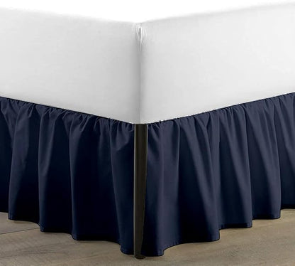 SKY BEDDINGS - Queen Size Ruffled Bed Skirt with Split Corners - 18 Inch Drop Dust Ruffle Bed Skirt with Platform Three Sided Coverage - 100% Microfiber, Navy Blue