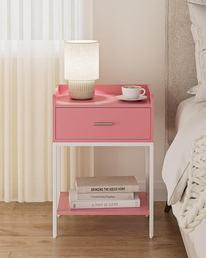 Masupu Nightstand,Bedside Table 3-Tier Modern Night Stand with Storage Drawer and Shelf,Small End Side Table for Bedroom,Living Room,Black (Without Outlet, Pink)