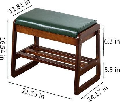 Solid Wood Shoe Bench, 2-Tier Entryway Bench with Cushion and Flip-Open Storage Box, Mid-Century Modern Shoe Bench Rack for Hallway, Mudroom(Green, 21.65'')