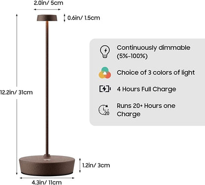 2Pack Cordless LED Table Lamp，Rechargeable Battery Desk Lamps, 3 Color Stepless Dimmable Metal Battery Table Lamps, Portable Waterproof Table Light for Indoor/Outdoor/Restaurant