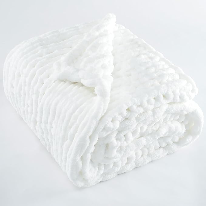 Chunky Knit Throw Blanket 60"X 80", 100% Handmade with Soft Chenille Yarn, 6.7lbs Thick Cable Knitted Blankets, Large Rope Knot Crochet Throws for Couch Sofa Bed Home Decor, Snow White