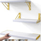BAYKA Wall Shelves for Bedroom Decor, Floating Wall Shelves for Living Room Kitchen Storage, Wall Mounted Rustic Wood Shelves for Kids Books,Corner Shelves for Bathroom(White and Gold，Set of 3)