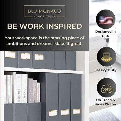 BLU MONACO | Set of 6 Foldable Grey Magazine File Holders with Gold Label Holders | Vertical File Organizer Boxes for Desk, Bookshelf & Home Office Storage