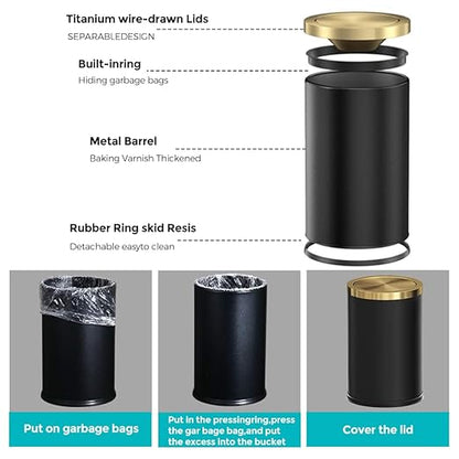 2.4 Gallon/9L Black and Gold Bathroom Trash Can Metal, Stainless Steel Wastebasket with lid, Brass Kitchen Garbage Can for Tolit Bedroom Powder Room Office Hotel (Black and Gold)