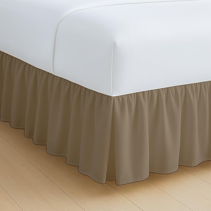 Rajlinen Ruffled Bed Skirt Full XL, 12 Inch Drop Dust Ruffle with Split Corners, 100% Microfiber Bedskirt with Platform, Three-Sided Coverage Ruffled Gathering Design, Taupe