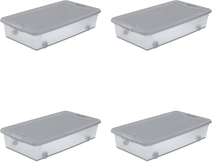 Sterilite 4 Pack Wheeled Under Bed Storage Container, 56 Qt Plastic Bin with Latching Lid for Organization - Clothes & Shoes Organizer, Silver Tint